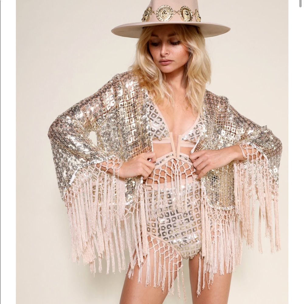 East N West Label Gold Sequin and Macrame Fringe Jacket